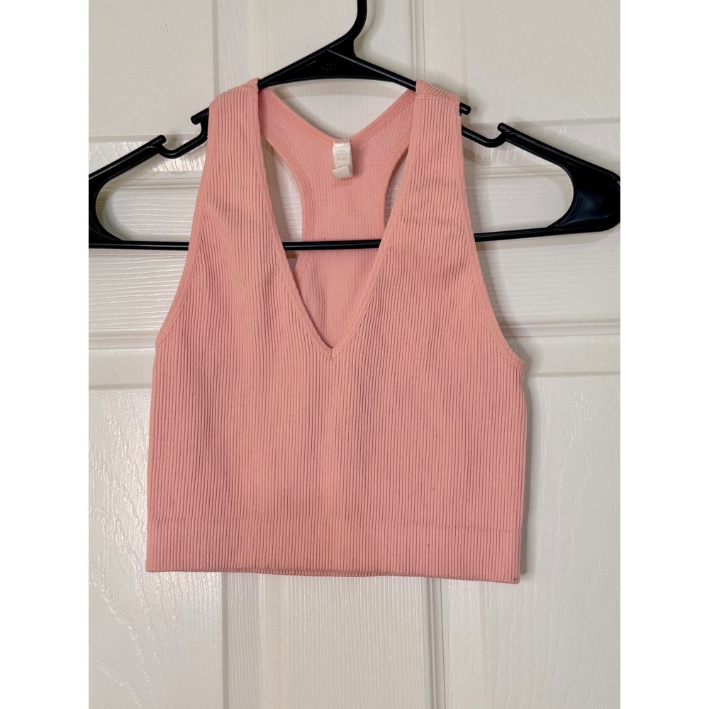 Zenana Ribbed Crop Tank Top Womens S/M Pink V-Neck Coquette Racerback